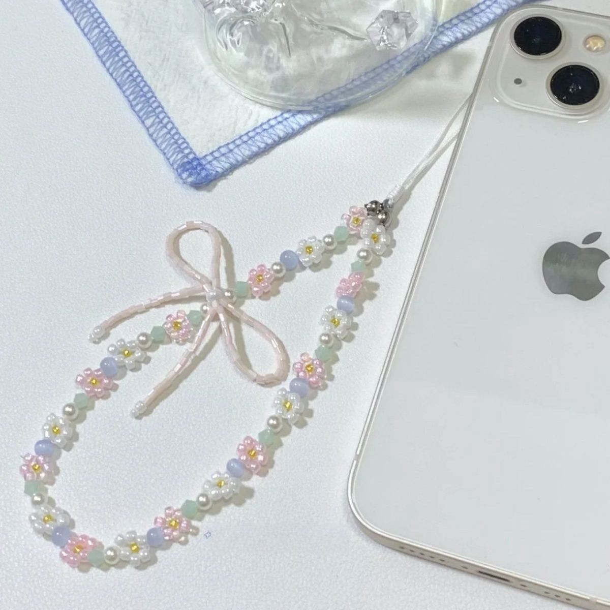 Summer Pastel Beaded Chain in Pink and Blue with Bow, Flower, and Pearl Accents – Perfect for DIY Accessories