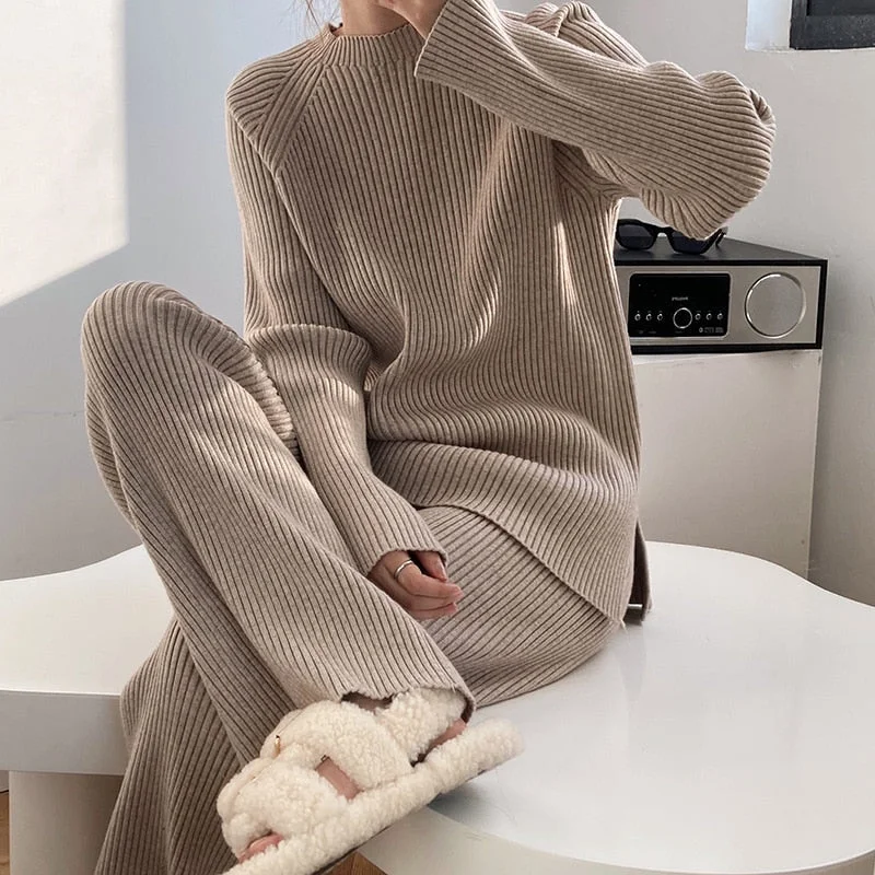 2021 Winter Casual Thick Sweater Tracksuits O-neck Pullover & Elastic Waist Pants Suit Female Knitted 2 Pieces Set