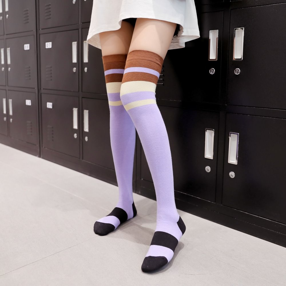 Purple&coffee stitching contrast color purple thigh high socks