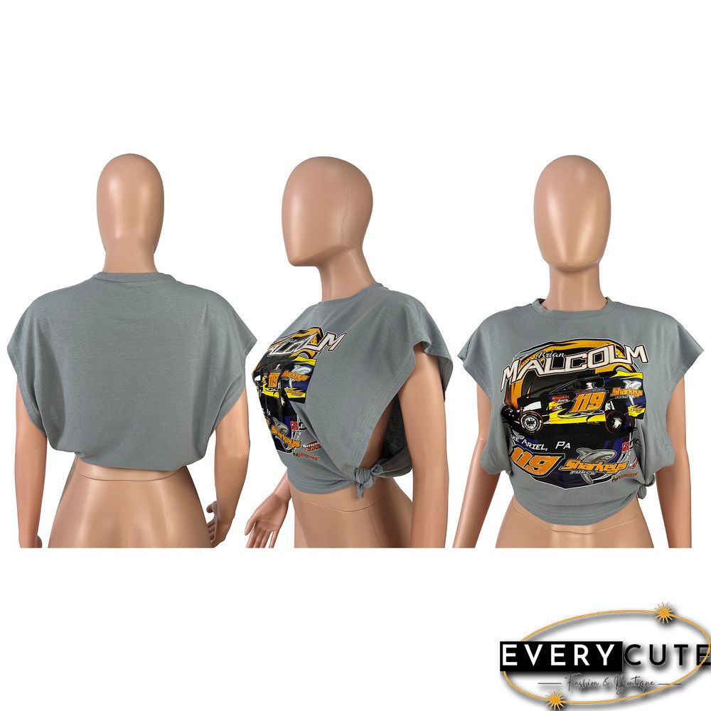 Racing Print Sleeveless Side Cutout T-Shirt Top