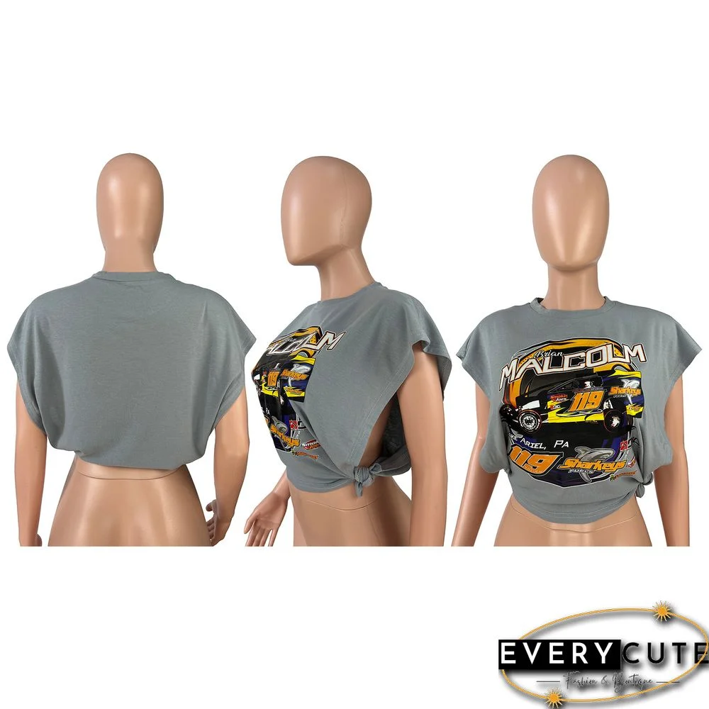 Racing Print Sleeveless Side Cutout T-Shirt Top