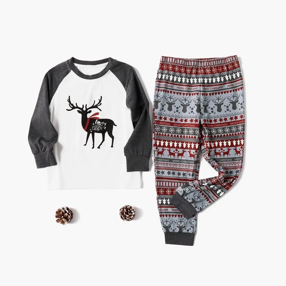 Family Matching Reindeer Top and Christmas Traditional Print Pants Pajamas Set