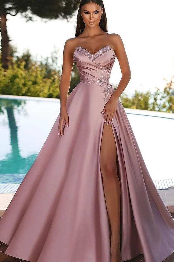 Daisda Pink Sleeveless Strapless V-Neck Embroidery A-Line Prom Dress