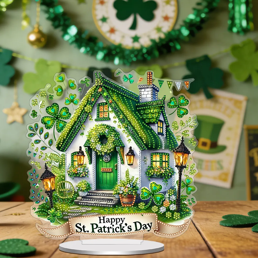2D Flat DIY St Patricks Day Hut Diamond Painting Tabletop Ornaments Kit Special Shape Crystal Art Craft Decoration Single Side Drill for Living Room Home Office