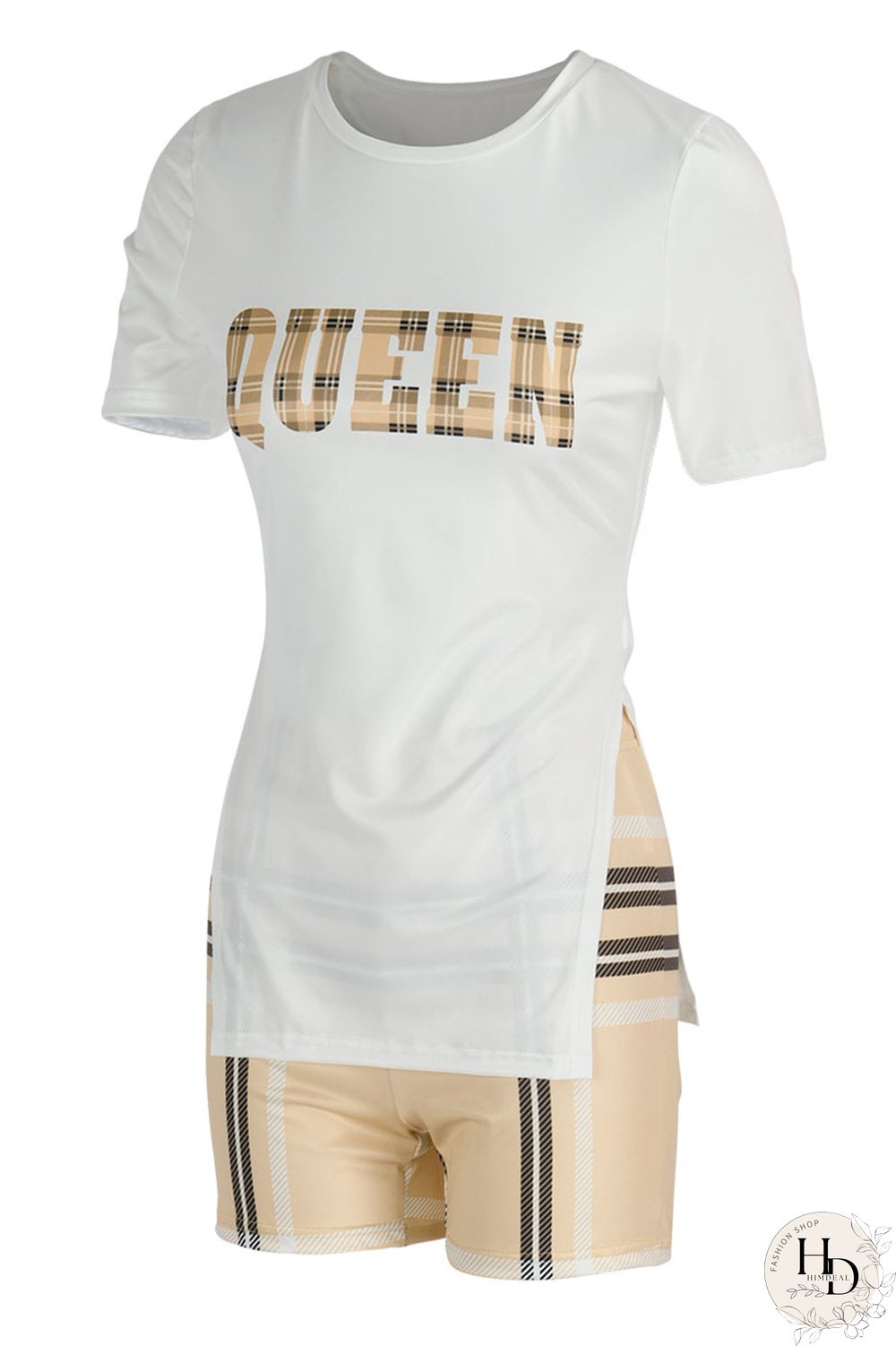 Brown Casual Print Patchwork Slit O Neck Short Sleeve Two Pieces