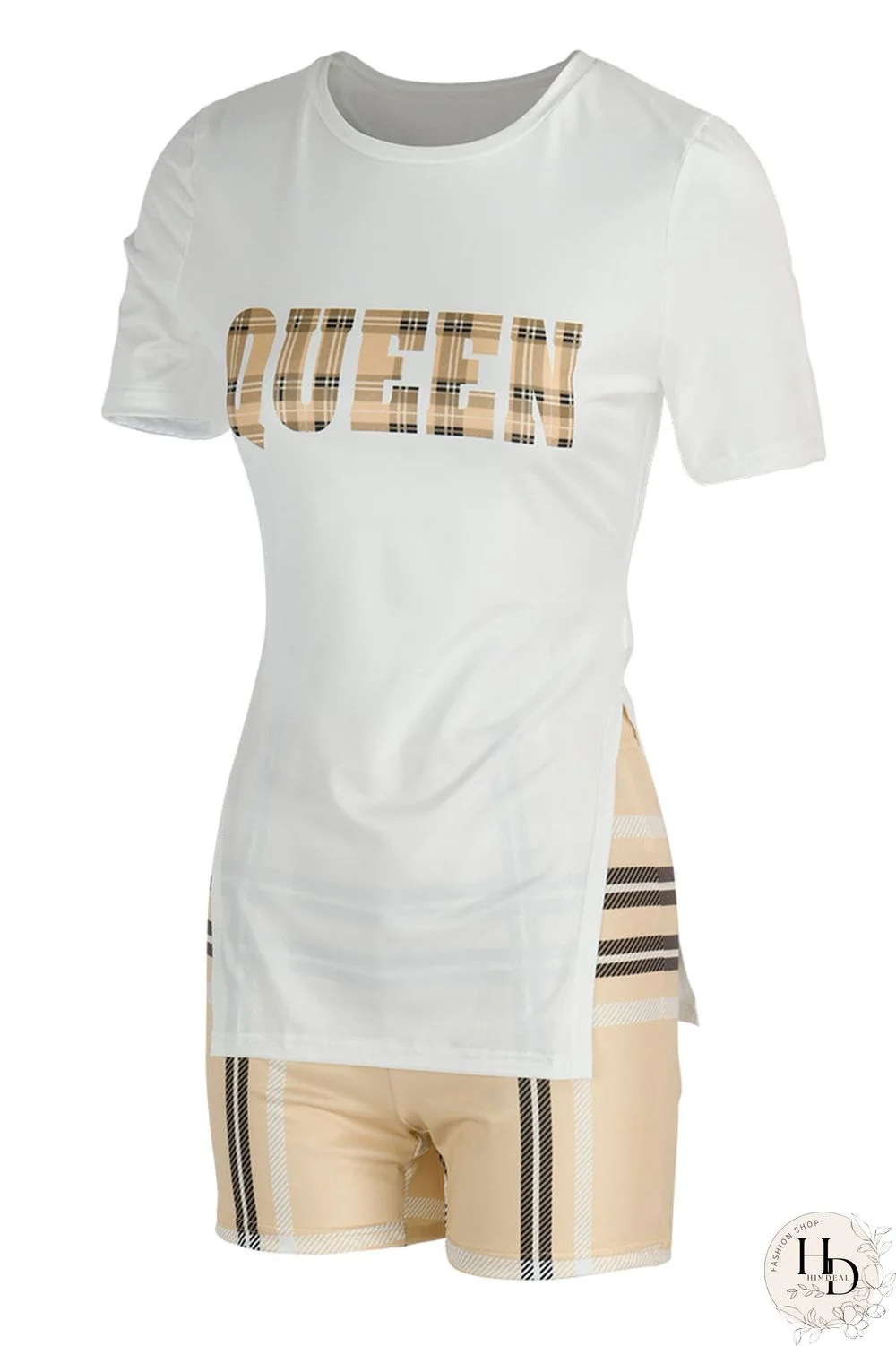 Brown Casual Print Patchwork Slit O Neck Short Sleeve Two Pieces