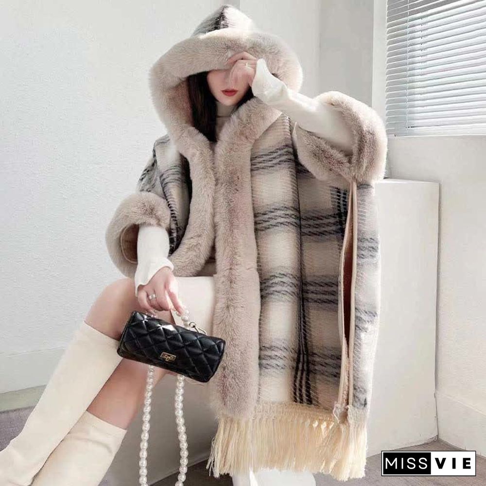 Plaid Print Furry Collar Fringed Casual Hooded Cloak Coat