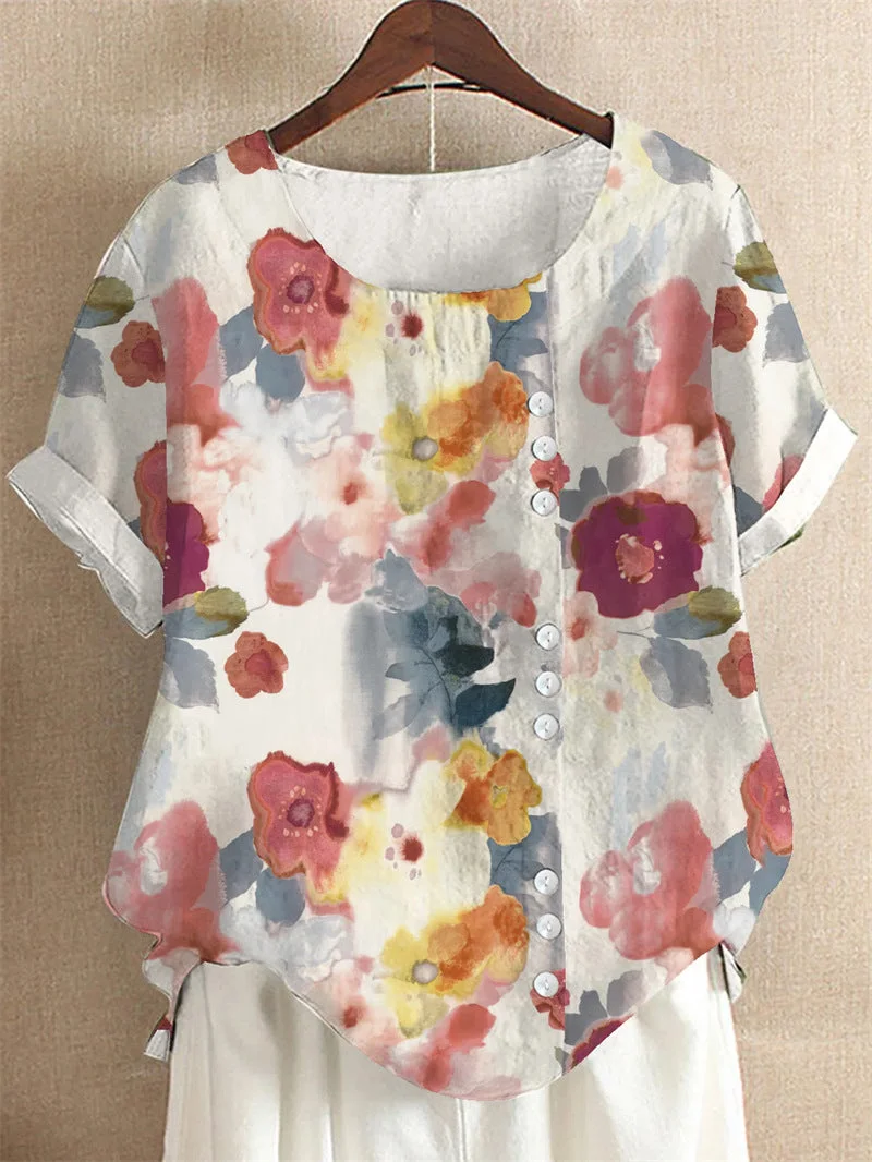 Casual Short Sleeve Printed Crew Neck Linen Top