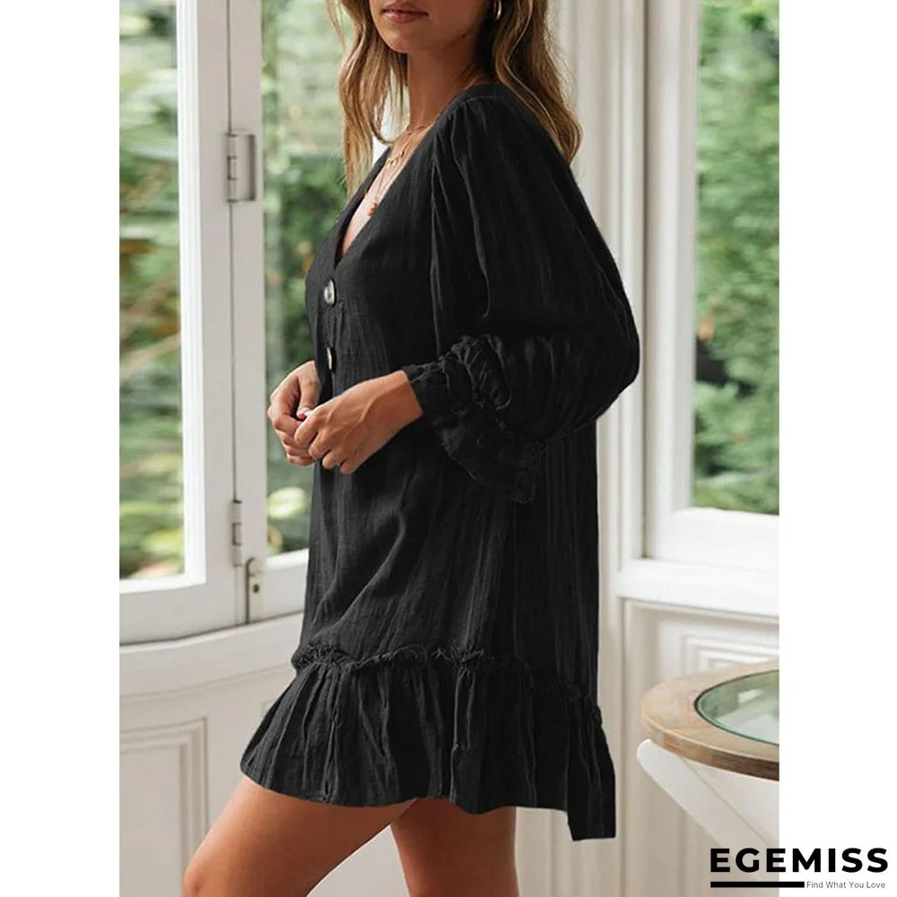 A-line Skirt Loose Long Sleeve Ruffle Hem Cotton Linen Dress | EGEMISS