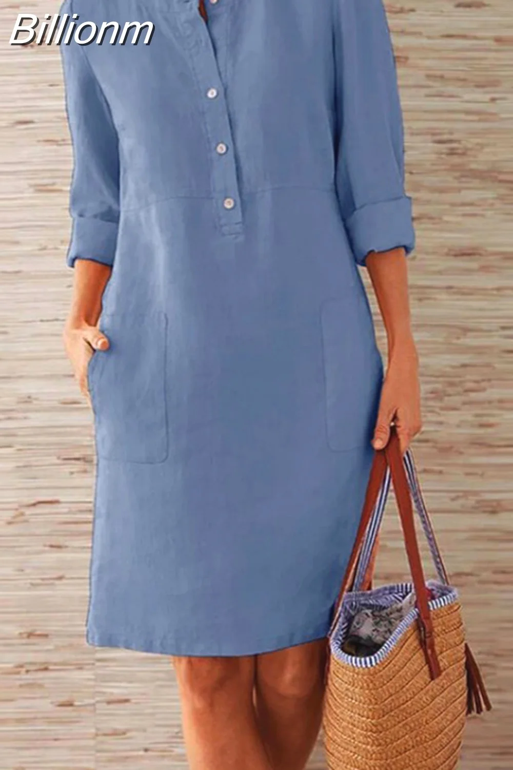 Billionm Color Button O Neck Cotton Linen Summer Dress Women Vintage Short Sleeve Pocket Knee Dress Casual Loose Plus Size Dresses