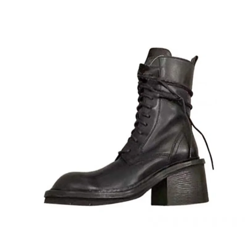 Lace-Up Women Mid-Calf Boots Winter Crude Heel Outdoor Boots Female Zipper-Sid Platform British Style Women Leather Shoes