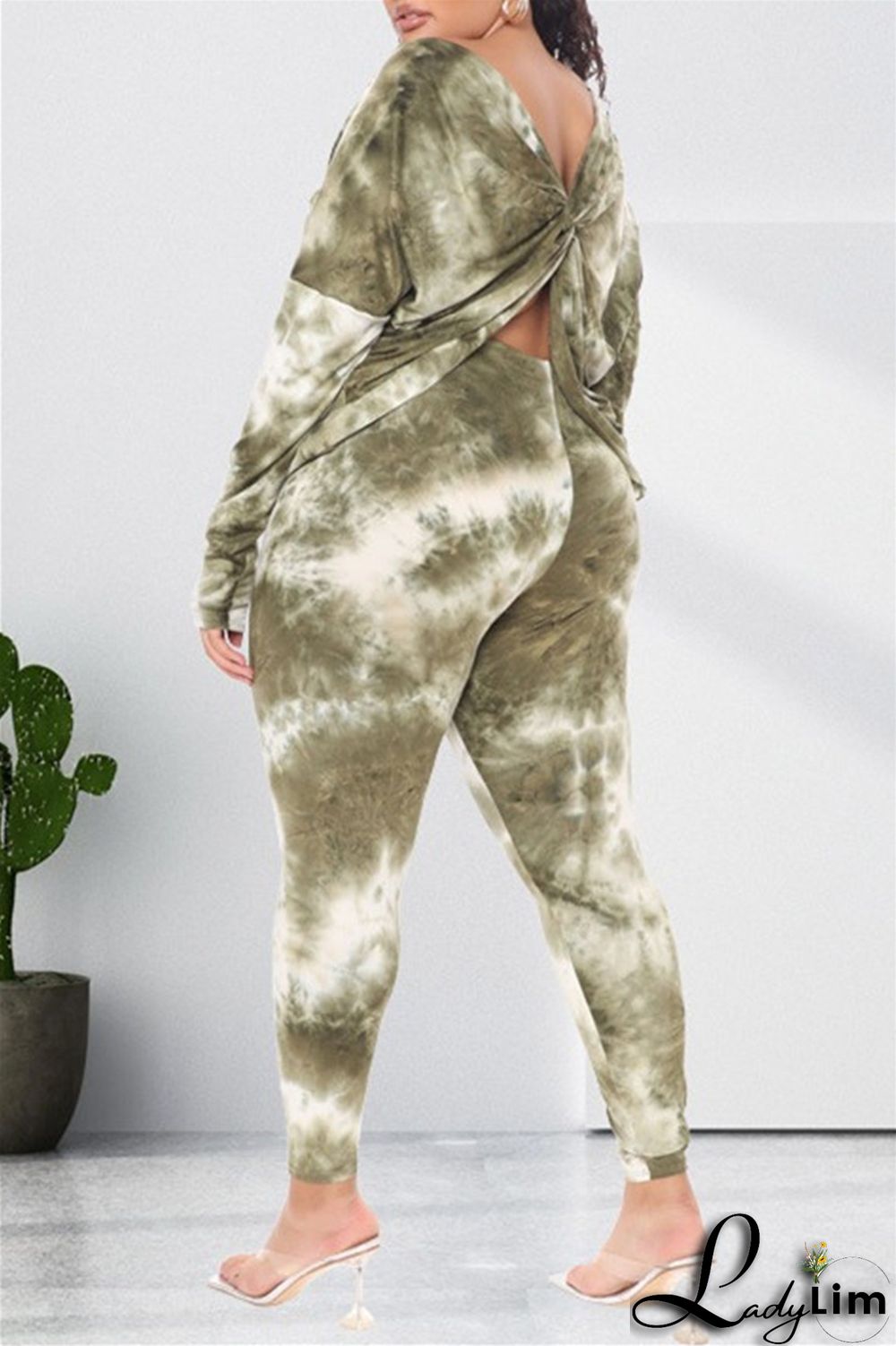 Light Coffee Fashion Casual Print Tie Dye Backless O Neck Long Sleeve Two Pieces