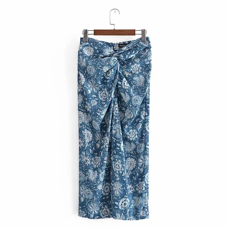 Zevity Women Vintage Totem Floral Print Knotted Design Split A Line Skirt Faldas Mujer Female Back Zipper Summer Vestidos QUN764