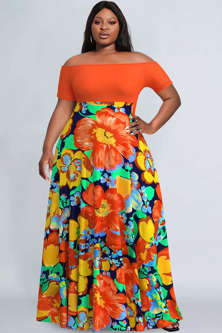 Xpluswear Design Plus Size Orange Vacation Flower Print Patchwork Crew Neck Maxi Dresses [Pre-Order]