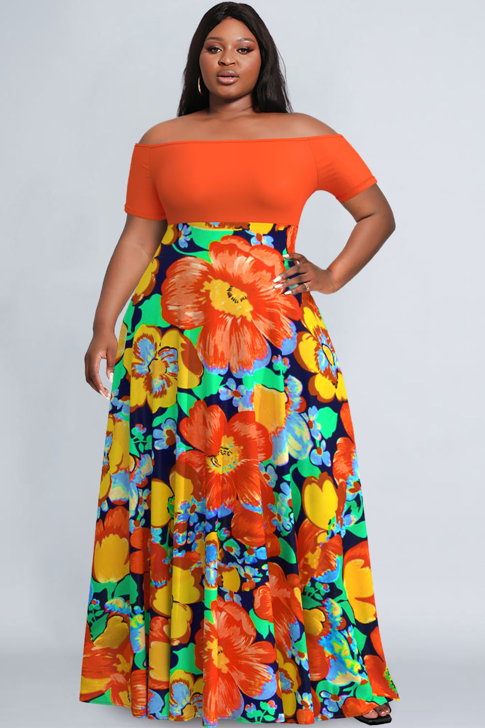 Design Plus Size Orange Vacation Flower Print Patchwork Crew Neck Maxi Dresses [Pre-Order]