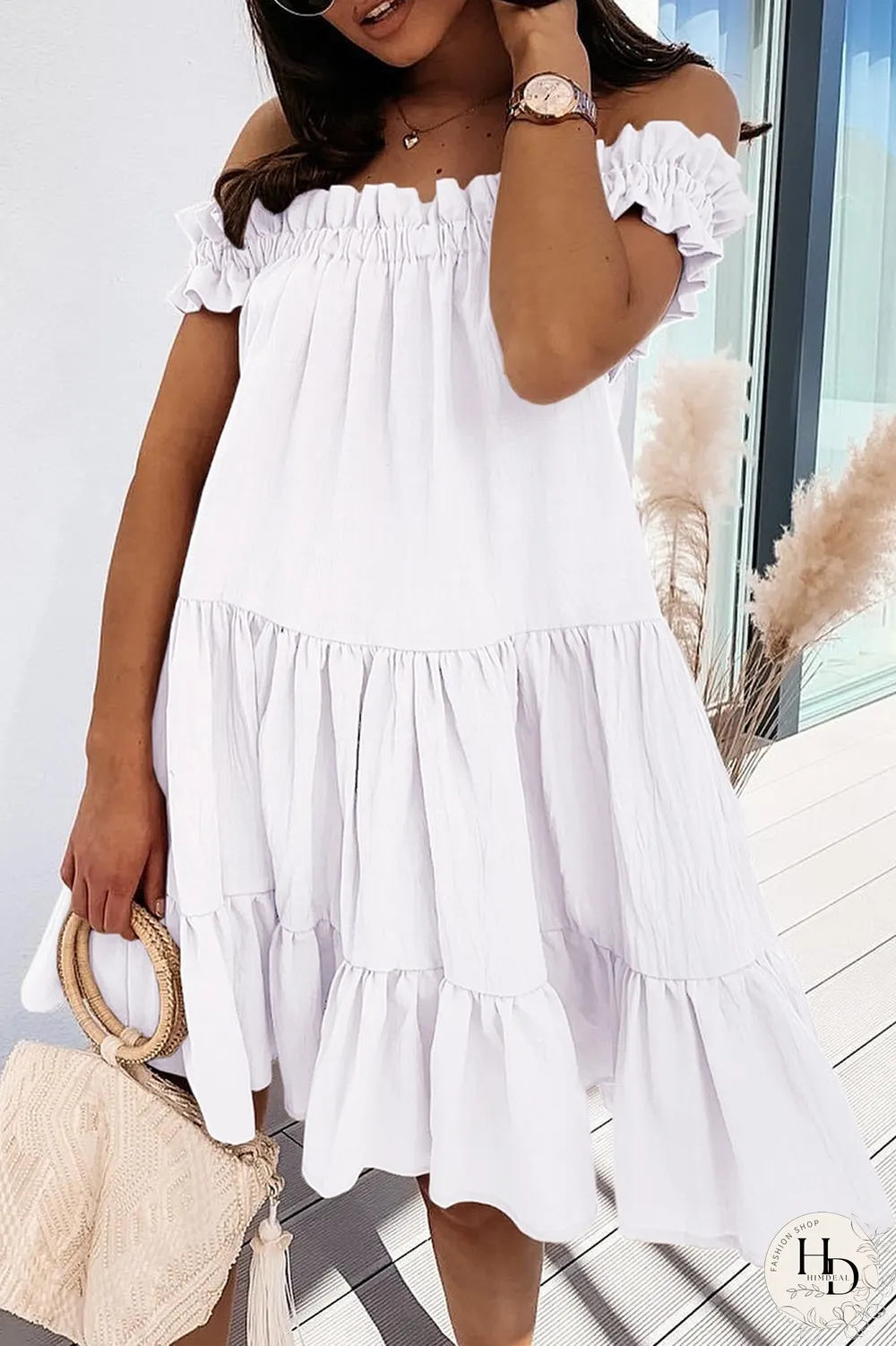 Sweet Solid Patchwork Flounce Off The Shoulder Cake Skirt Dresses(5 Colors)