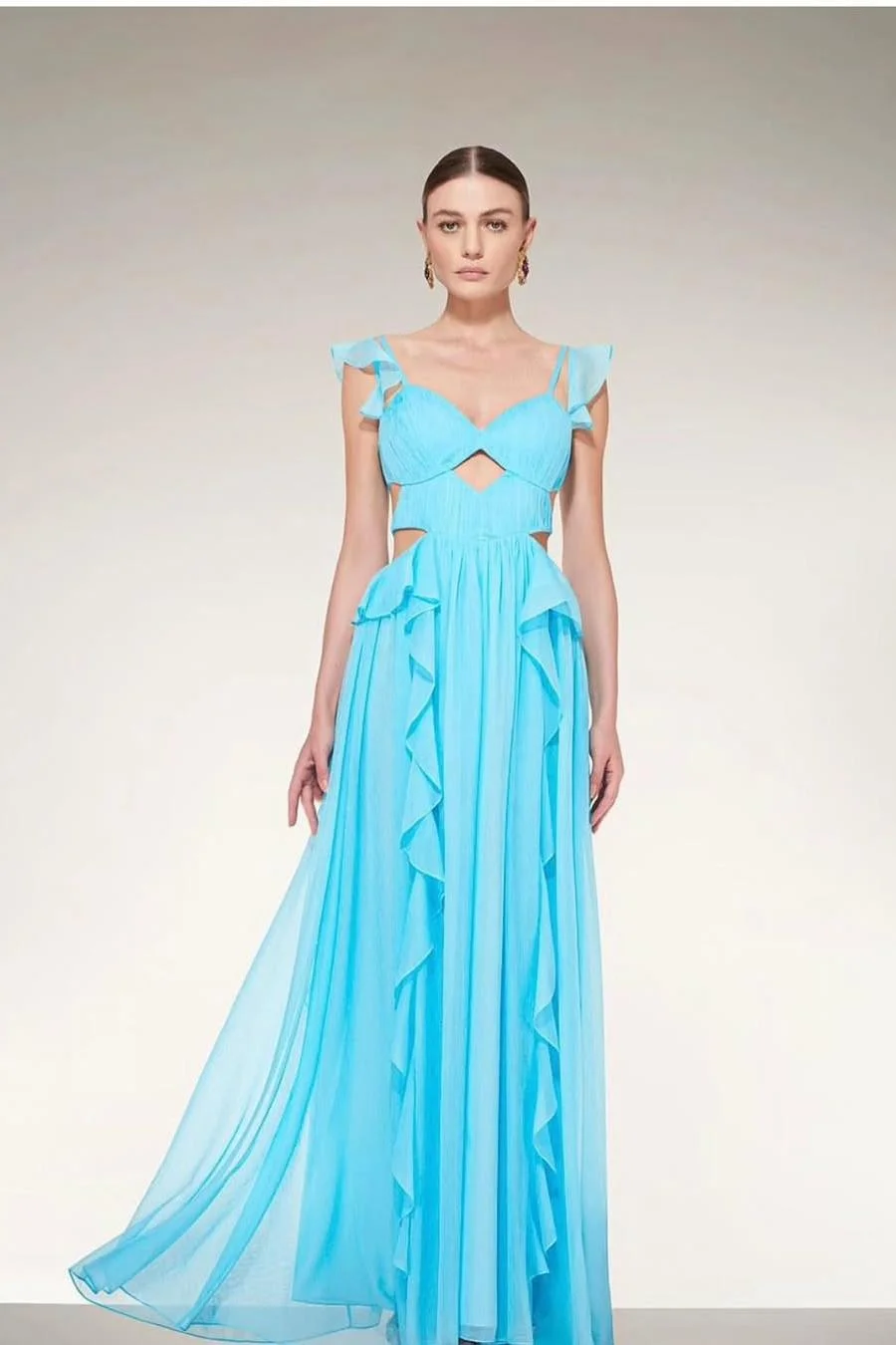 Miabel Glamorous Sky Blue Chiffon Spaghetti Strap Sleeveless Long Prom Dress with Ruffles 