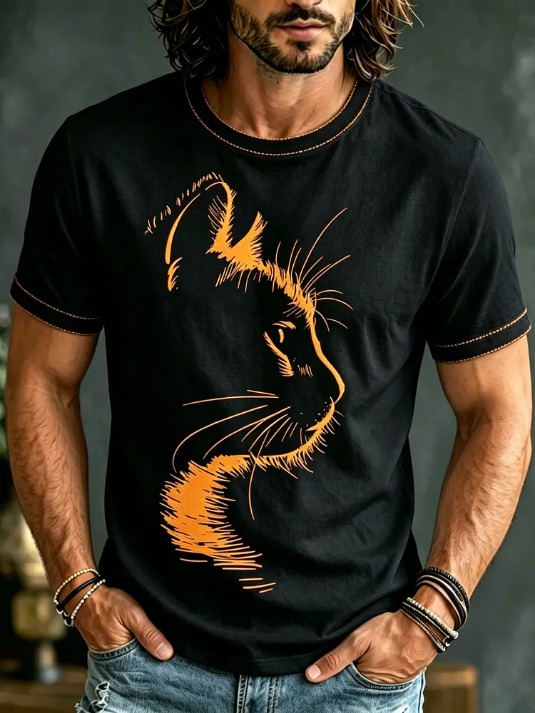 Men's Cat Print Cotton Linen T-shirt