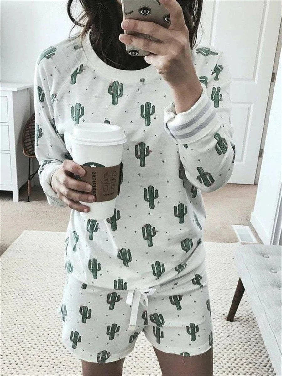 Romantic Cactus Printed Home Wear Loungewear Set