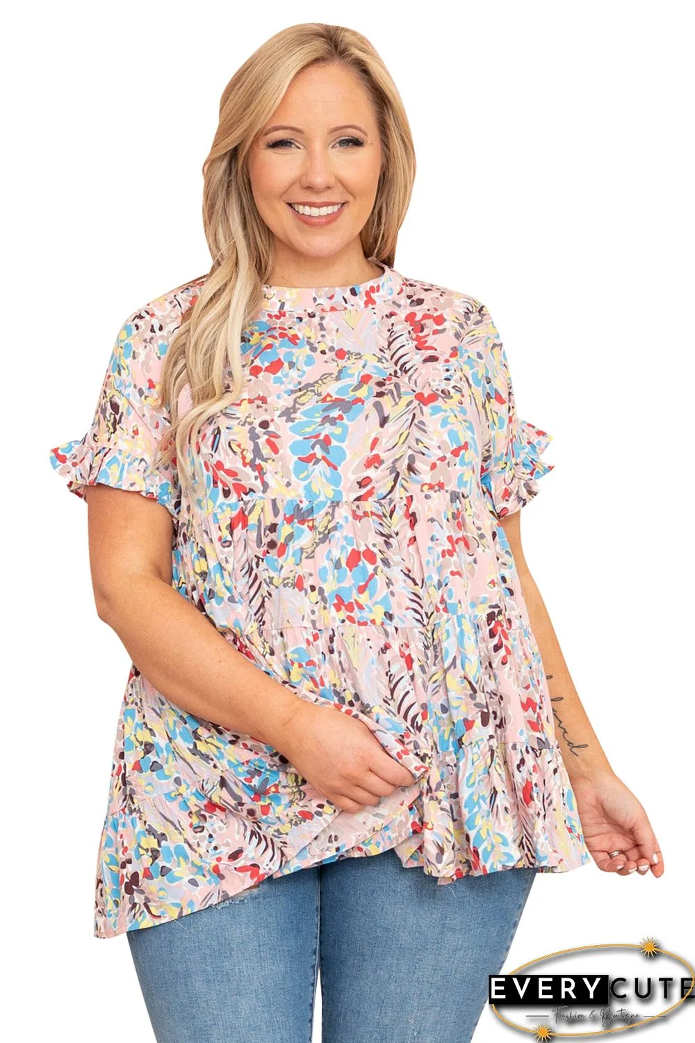 Pink Floral Print Tiered Ruffled Plus Size Blouse