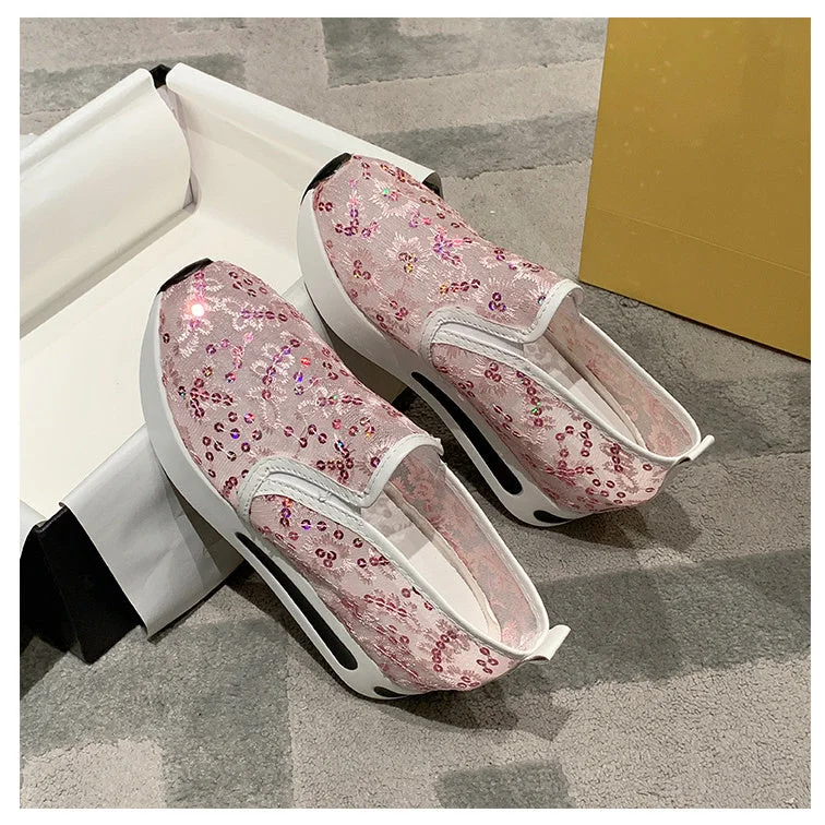 Women plus size clothing Women Breathable Floral Embroidery Slip-on Muffin Sneakers Shoes-Nordswear