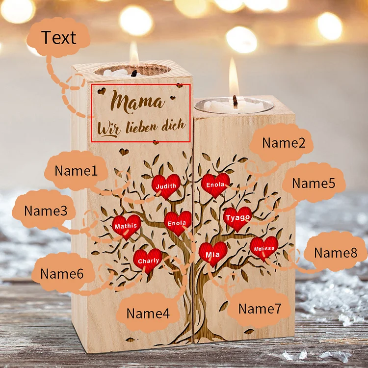 Personalisierte 8 Namen & 1 Text Herz Familienbaum Muttertag Kerzenhalter-Familie Thema