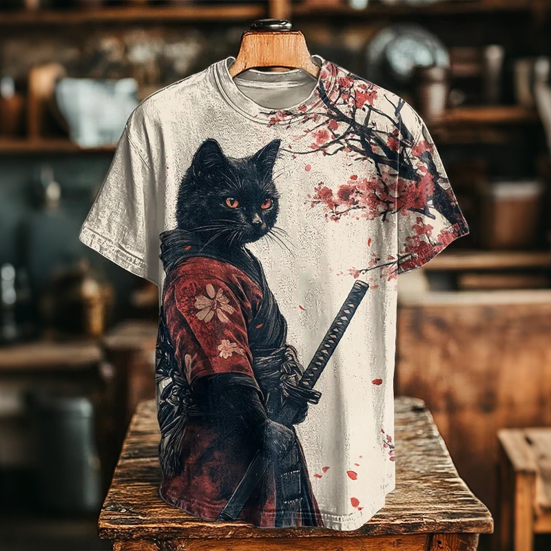 Men's Black Cat Samurai Japanese Art Print Casual T-shirt elevenforest