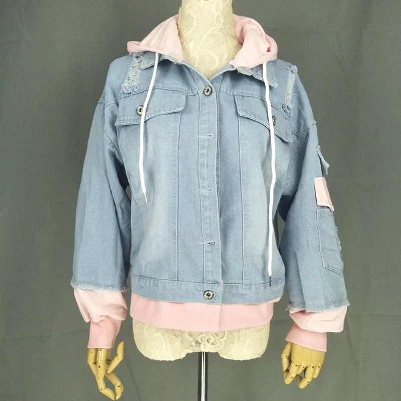 2021 Autumn Hooded Denim Jacket For Women Casual BF Jeans Jacket Holes Vintage Harajuku Coat Female Loose Streetwear Basic Coats