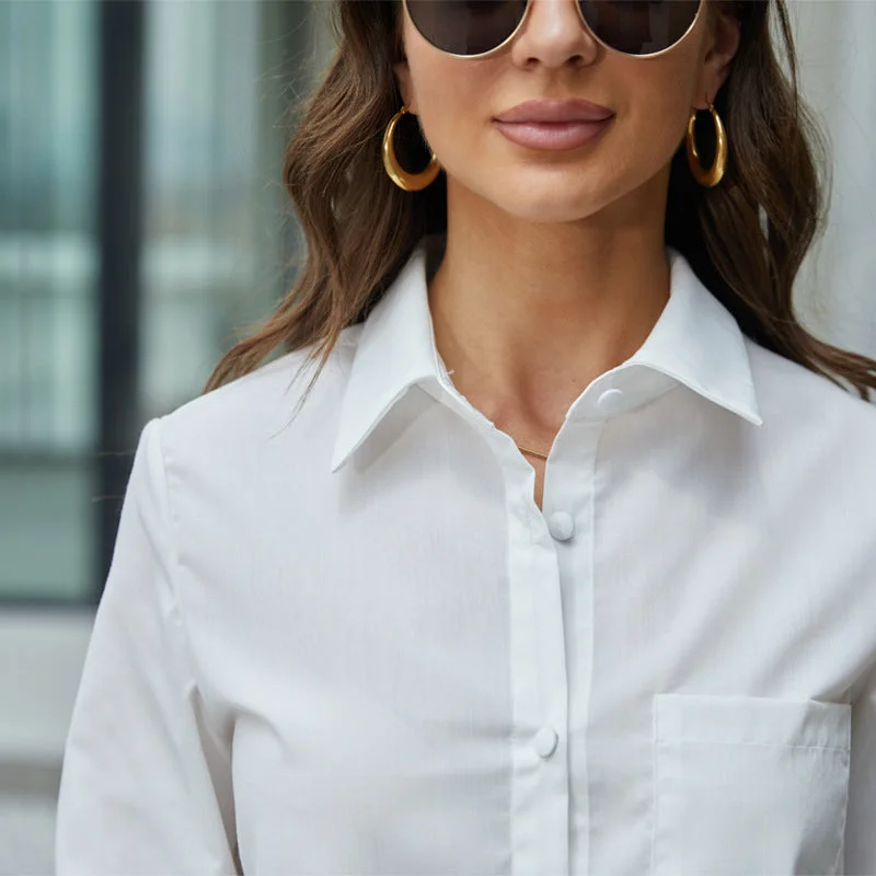 Back to school  Casual Long Sleeve Feather Patchwork White Shirt Women Spring Button Up Lapel Chic Blouse Streetwear Simple Crop Top Oversized