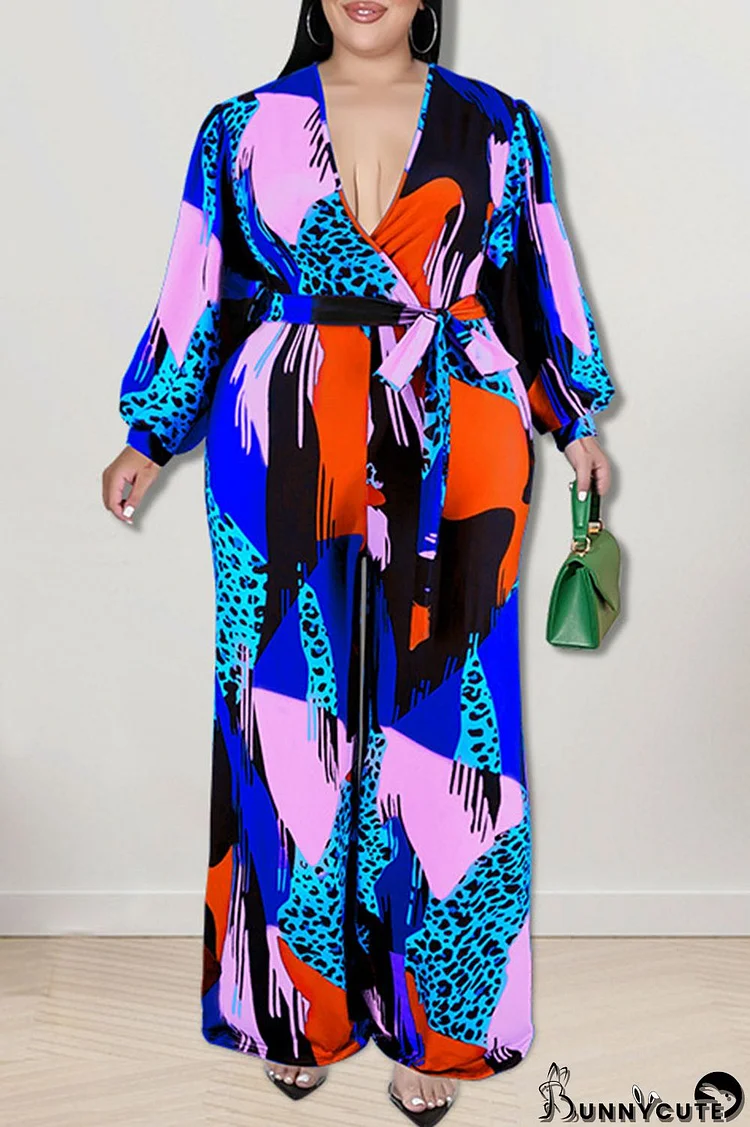 Blue Casual Print Patchwork V Neck Plus Size Jumpsuits