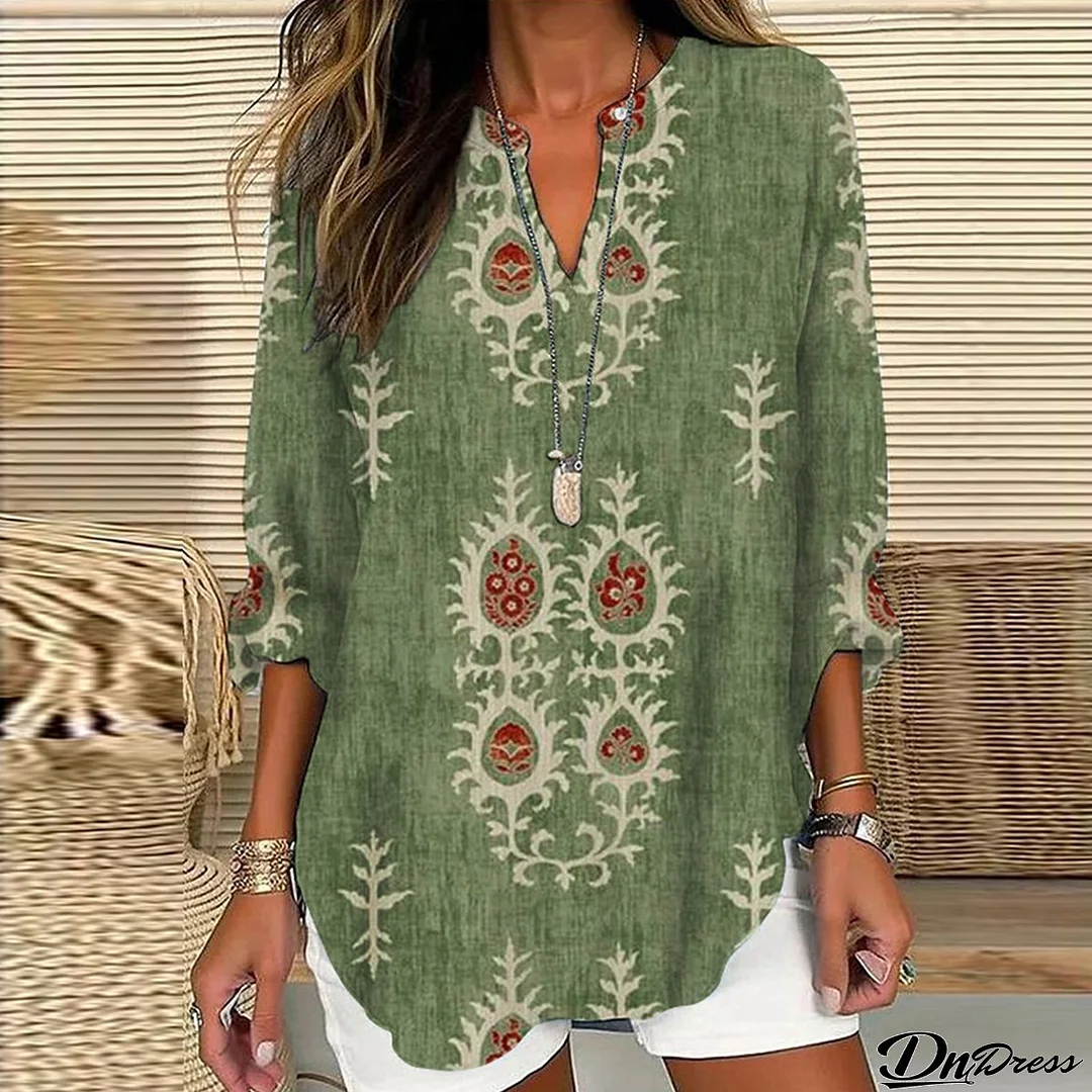 Unique Printed Green 3/4 Sleeve Top