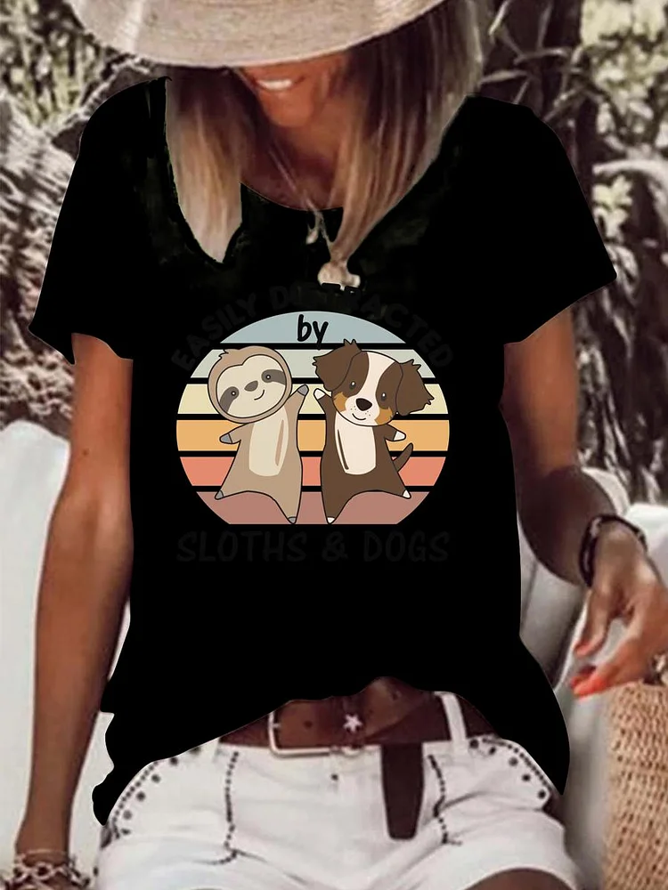Easily Distracted y Sloths And Dogs  Pet Animal Lover Raw Hem Tee-Annaletters