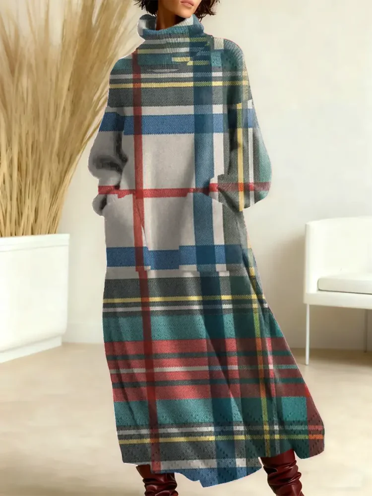 Women's Vintage Plaid Art Print Casual Cotton Knitted Dress