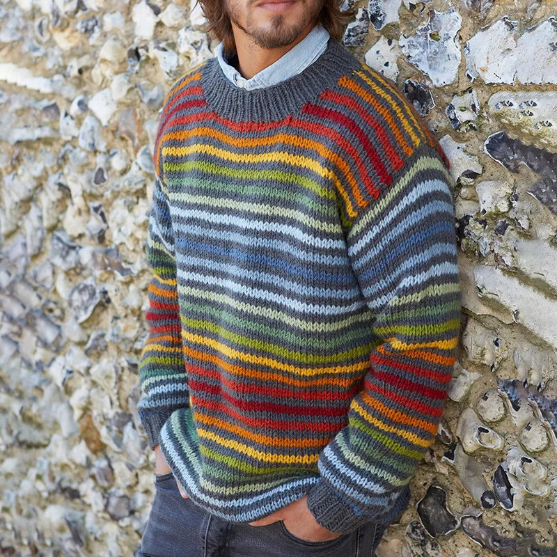 Vintage Rainbow Stripe Knit Jacquard Crew Neck Sweater（Unisex）