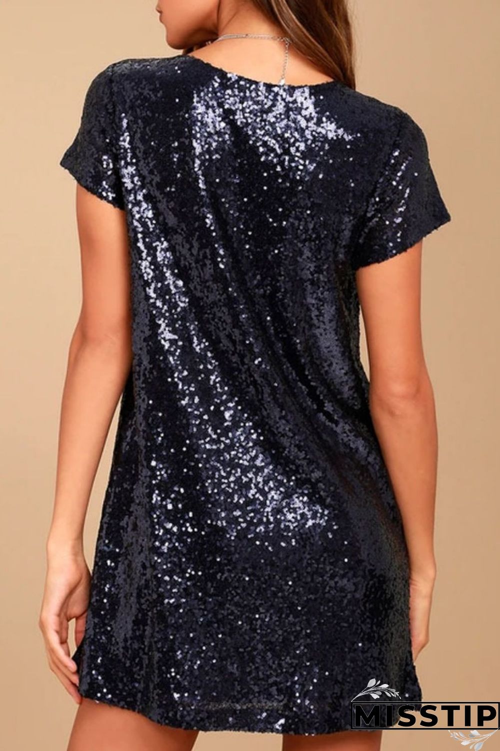 Black Casual Solid Sequins Patchwork V Neck Short Sleeve Dress