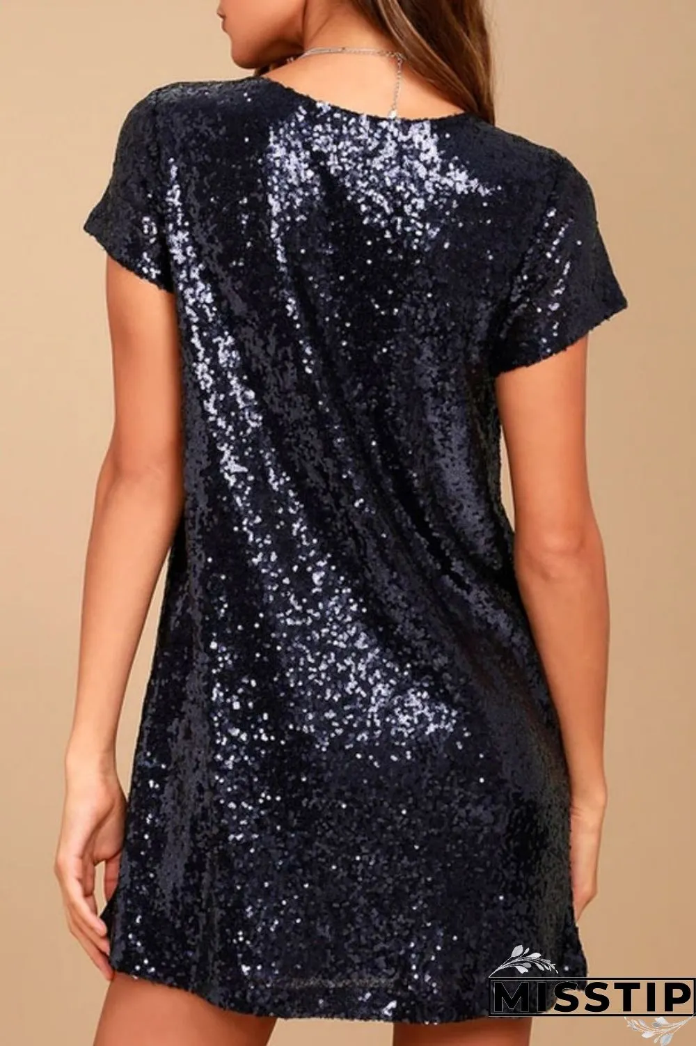 Black Casual Solid Sequins Patchwork V Neck Short Sleeve Dress