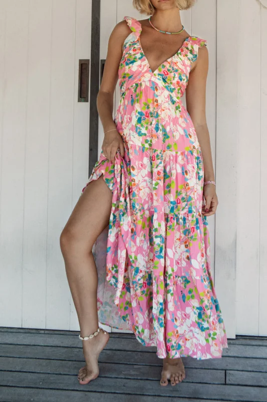 Resort style abstract floral print V-neck long dress
