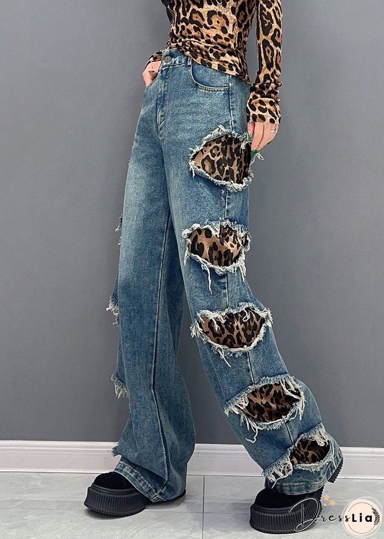 Leopard Pockets Patchwork Denim Pants High Waist