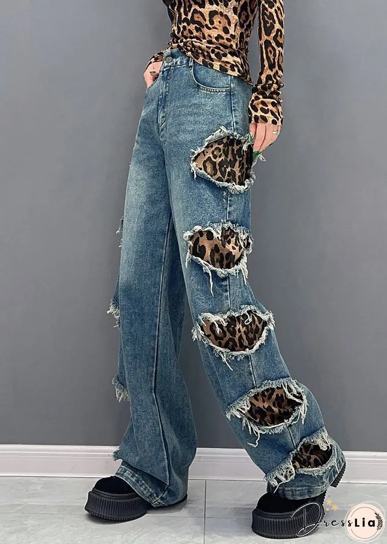 Leopard Pockets Patchwork Denim Pants High Waist