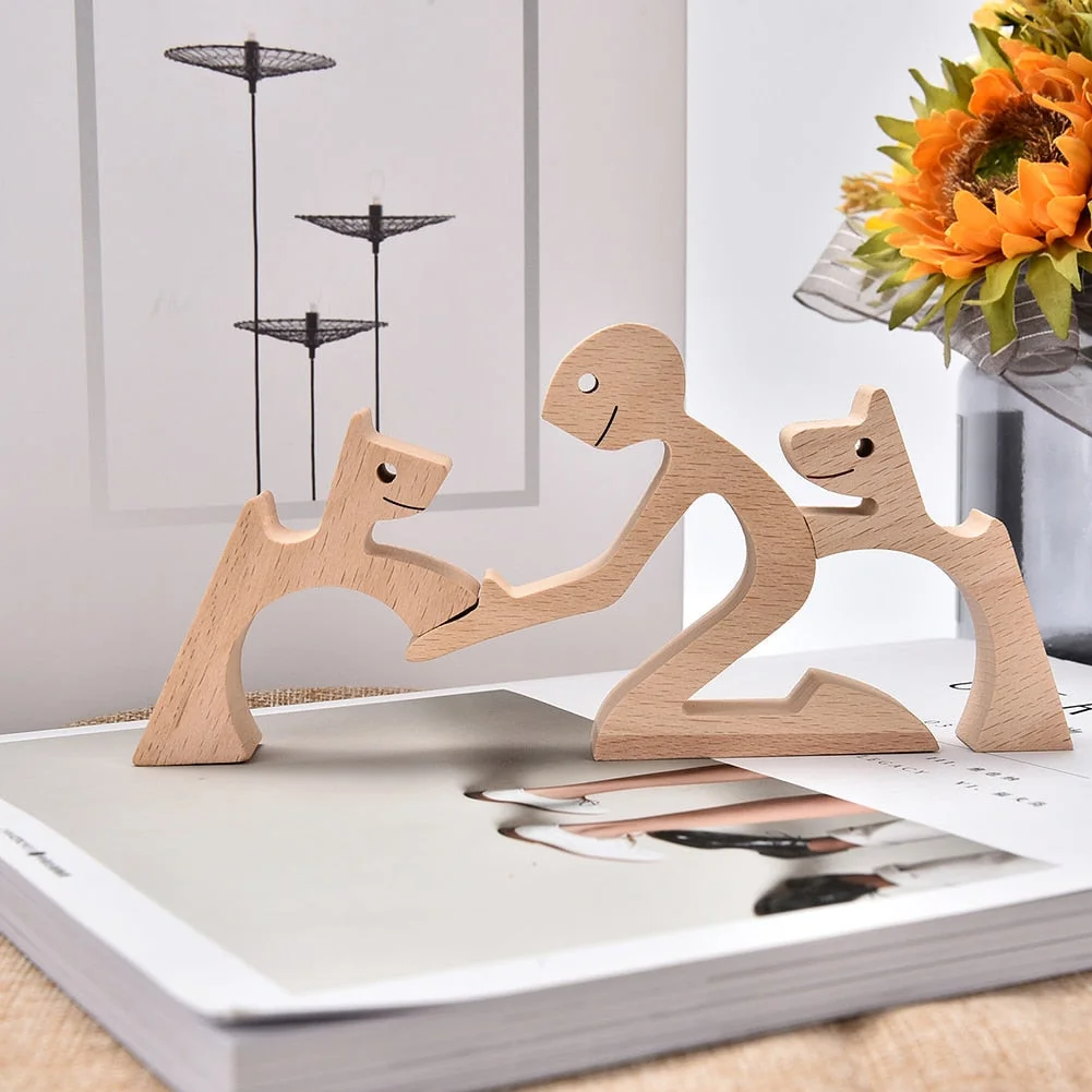 Family Puppy Wood Dog Craft Figurine Desktop Table Ornament Carving Model Creative Home Office Decoration Love Pet sculpture 515-1