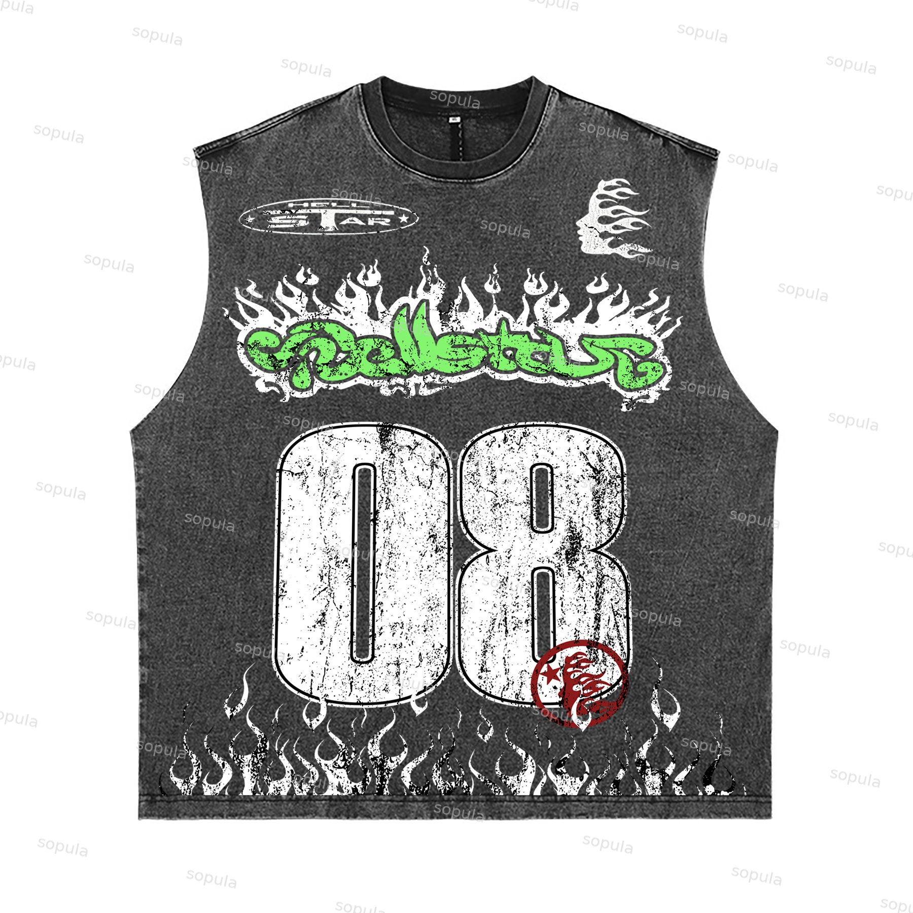 Sopula Number 08 Retro Street Graphic Acid Wash Sleeveless Tank Top - SOPULA