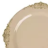 10 Pack | 10" Round Plastic Dinner Plates in Vintage Taupe, Gold Leaf Embossed Baroque Disposable Plates