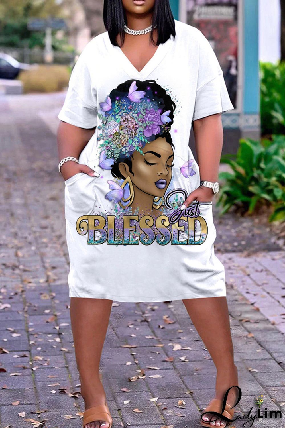 Blue Fashion Casual Print Patchwork V Neck Short Sleeve Dress