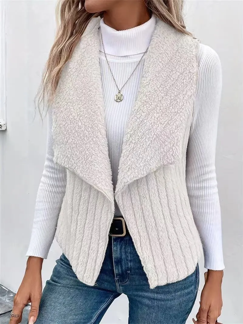 Women's Beige Lapel Sherpa Fleece Vest, Ribbed Knit Sleeveless Open Front Gilet | 168DEAL