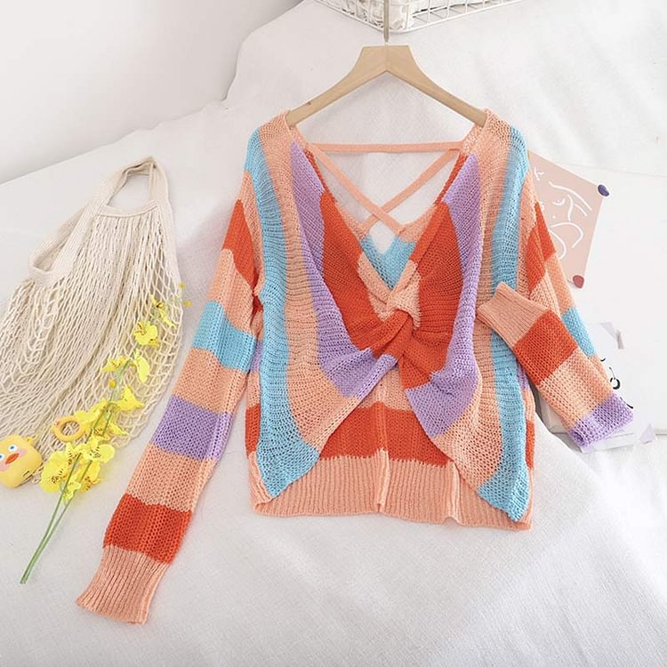 V-neck Cross Colorblock Rainbow Stripe Loose Crochet Top - Modakawa Modakawa