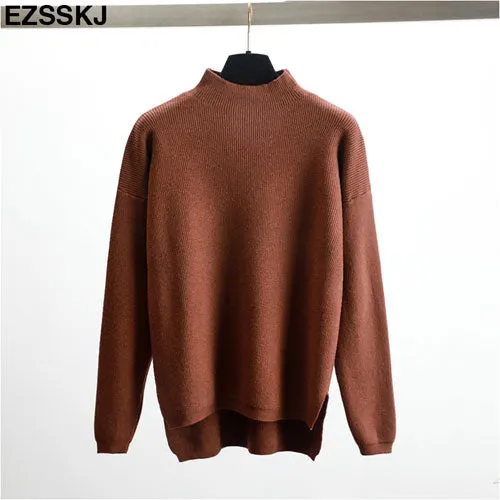 Korean Style Loose Sweater Women Pullover Casual Half Turtleneck Long Sleeve Oversized Knit Sweater Female Jumpers Split solid