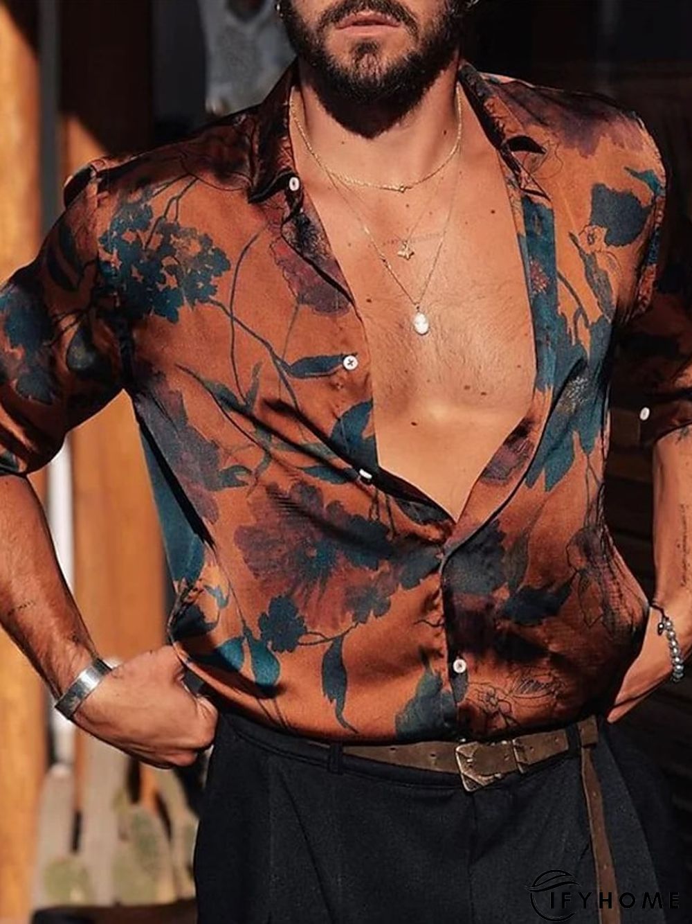 Mens Shirt Graphic Prints Leaves Turndown Brown Outdoor Street Long Sleeve Button-Down | IFYHOME