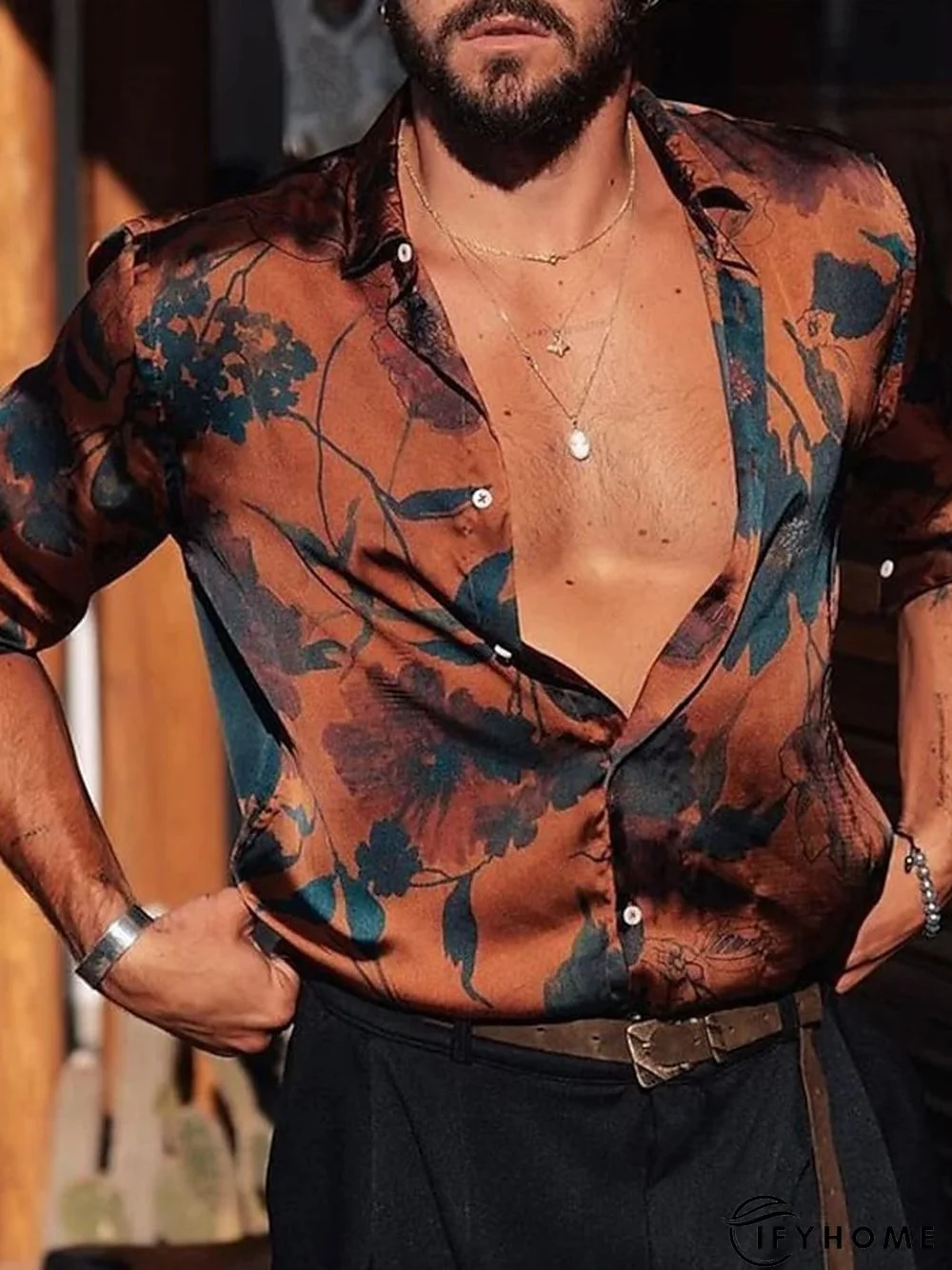 Men's Shirt Graphic Prints Leaves Turndown Brown Outdoor Street Long Sleeve Button-Down Print Clothing Apparel Sports Fashion Streetwear Designer | IFYHOME