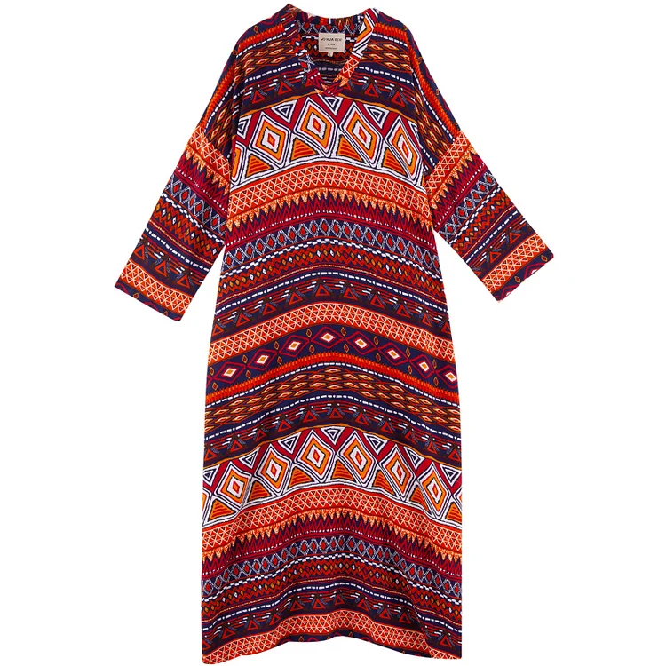 Bohemian Style Striped Long Sleeve Maxi Dress - yankia