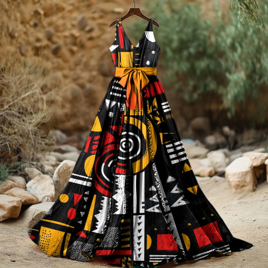 Women's Vintage Juneteenth Black Pride African Geometric Art Print Long Dress